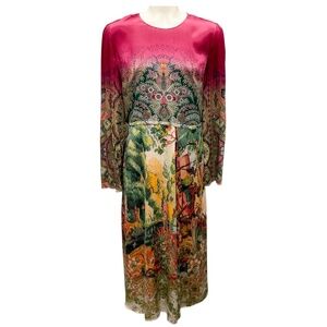 Etro Raspberry / Green Multi 2019 Printed Long Sleeved Satin Midi Dress